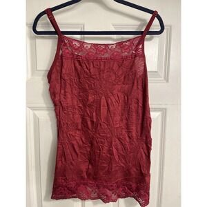Vtg Womens Lace Trim Cami Tank Top Size 2X  Dark Red Fairy Y2K Grunge Crinkle‎